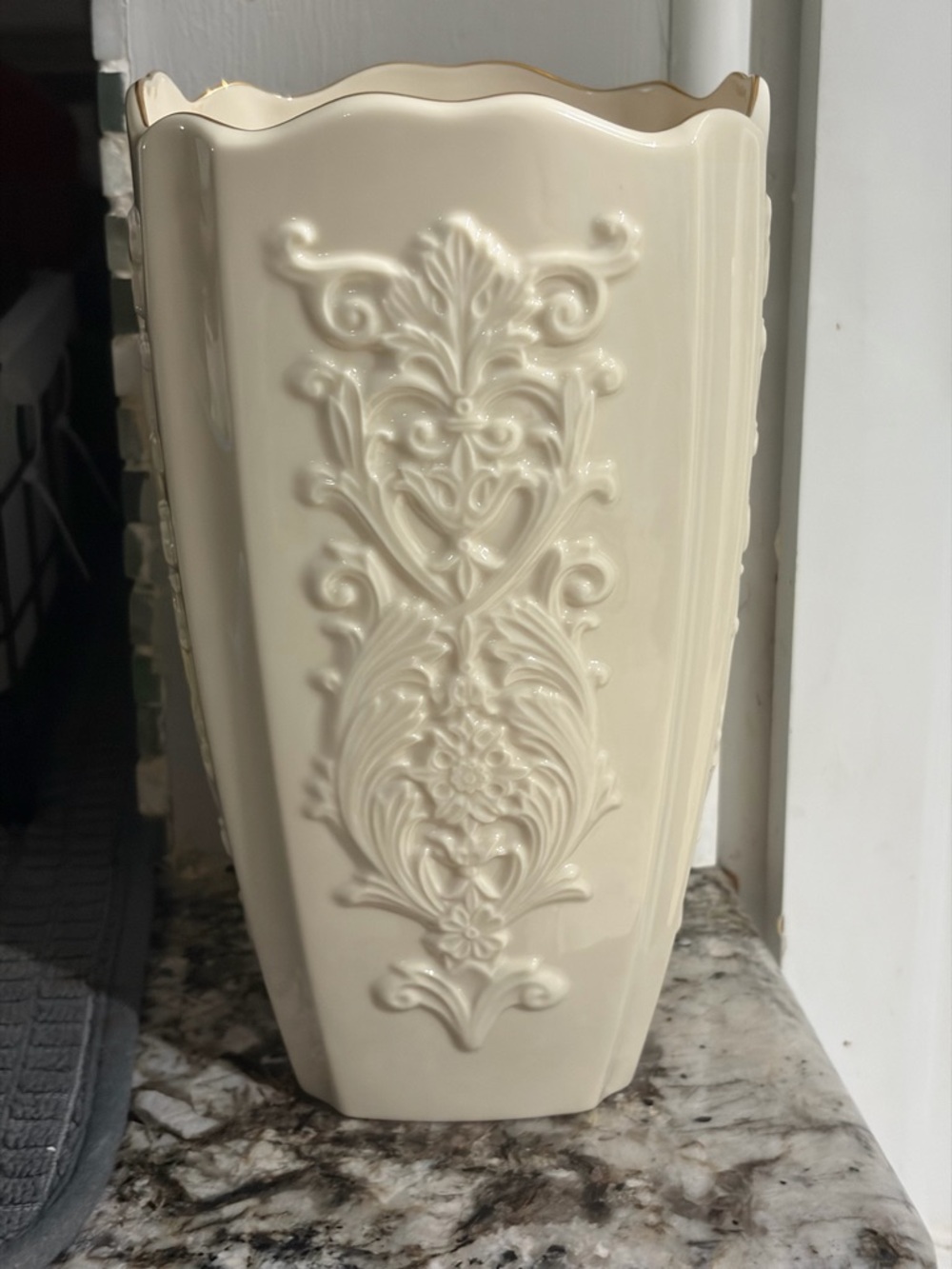 Lenox Cream Embossed Ceramic Vase with Gold Rim